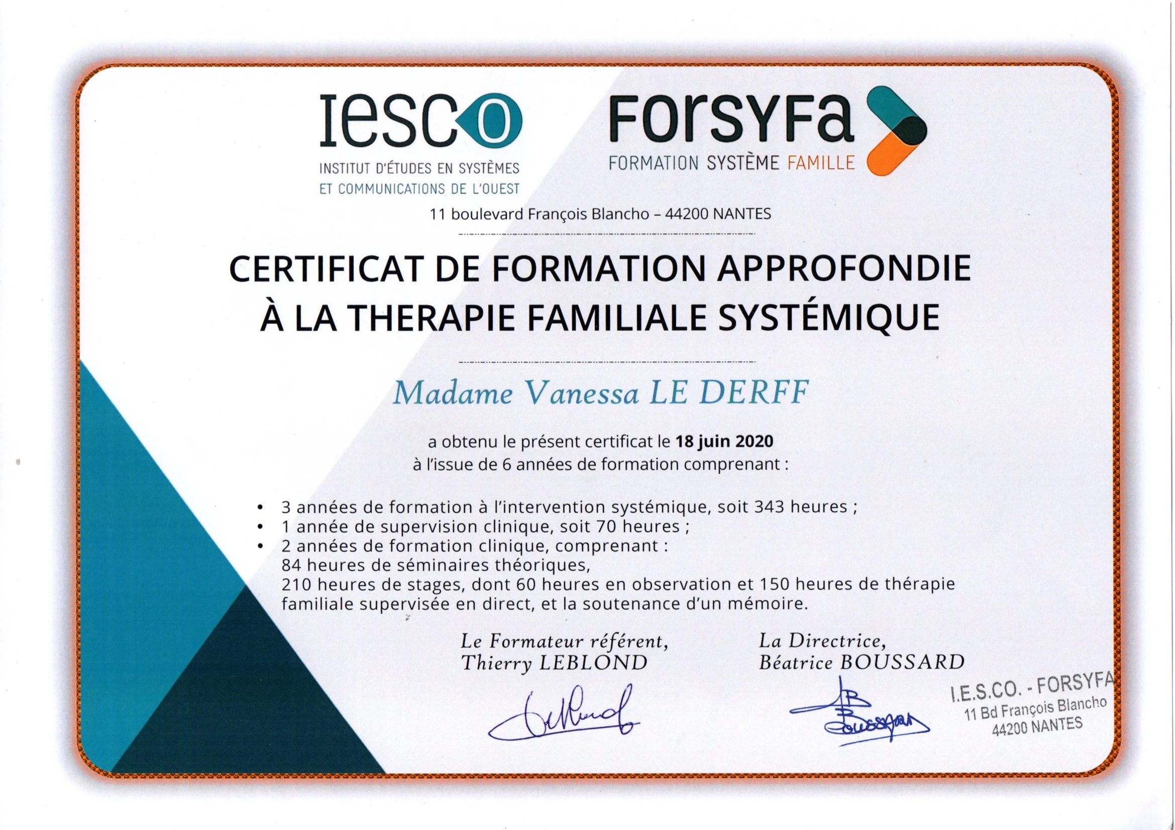 2020-06-Diplome-Vanessa-Forsyfa Diplome de thérapeute de couple et familiale